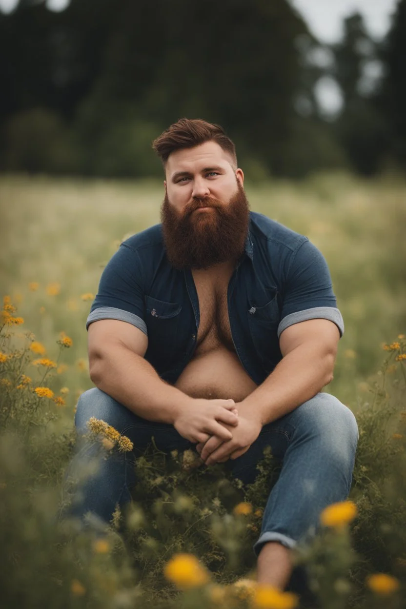 full figure photography, shy muscular big fat chubby, 35mm lens, burly italian man short hair, 27 years old sitting in the meadow with a flower in a hand, near a big farm , red short beard, , hairy armpits, manly armpits, ugly, manly chest, hairy chest, big shoulders, , huge belly, manly chest, shirtless, with boxer, emotive eyes looking at camera, photorealistic ,sunlight , ambient occlusion, side view, poetic composition, golden ratio