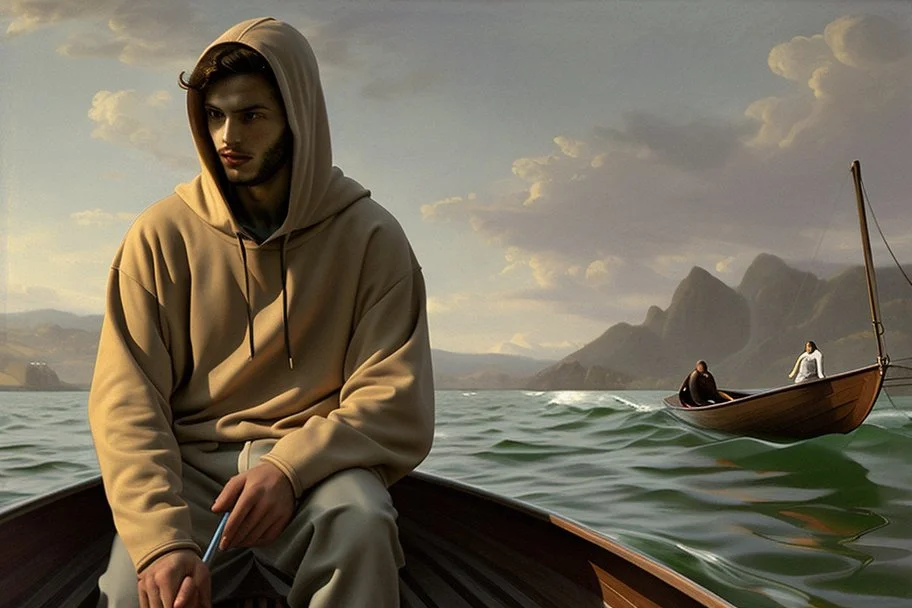 Modern man in a boat wearing hoodie by Andrea del Sarto