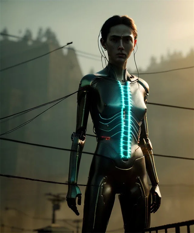 Ultra realistic photographic night portrait, cinematic, naked, long hair <sexy woman> <hanging wires> many wires coming out of the head <perfect pupil> <cyborg> <garage> <wide angle Shot> <sci-fi futuristic> <thriller>, fog, soft color, highly detailed, unreal engine 5, ray tracing, RTX, lumen lighting, ultra detail, volumetric lighting, high definition.