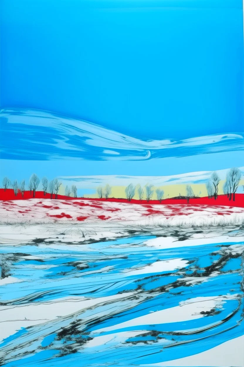 A sky blue tundra with very cold snow painted by Andy Warhol
