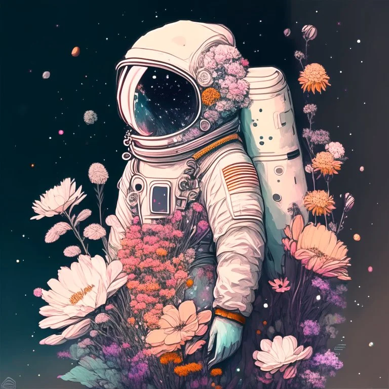 "floral astronaut" hand-drawn digital art, muted tones, flowers everywhere, REALISTIC, anime, 4k, colorful, galaxy