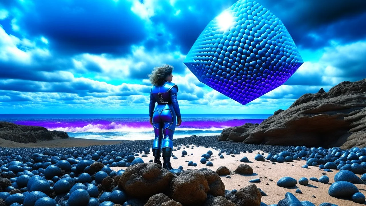 A woman in a catsuit standing on a beach of a rocky coloured crystal-covered landscape with a crashed spaceship in the distance, bright bue sky, white storm clouds