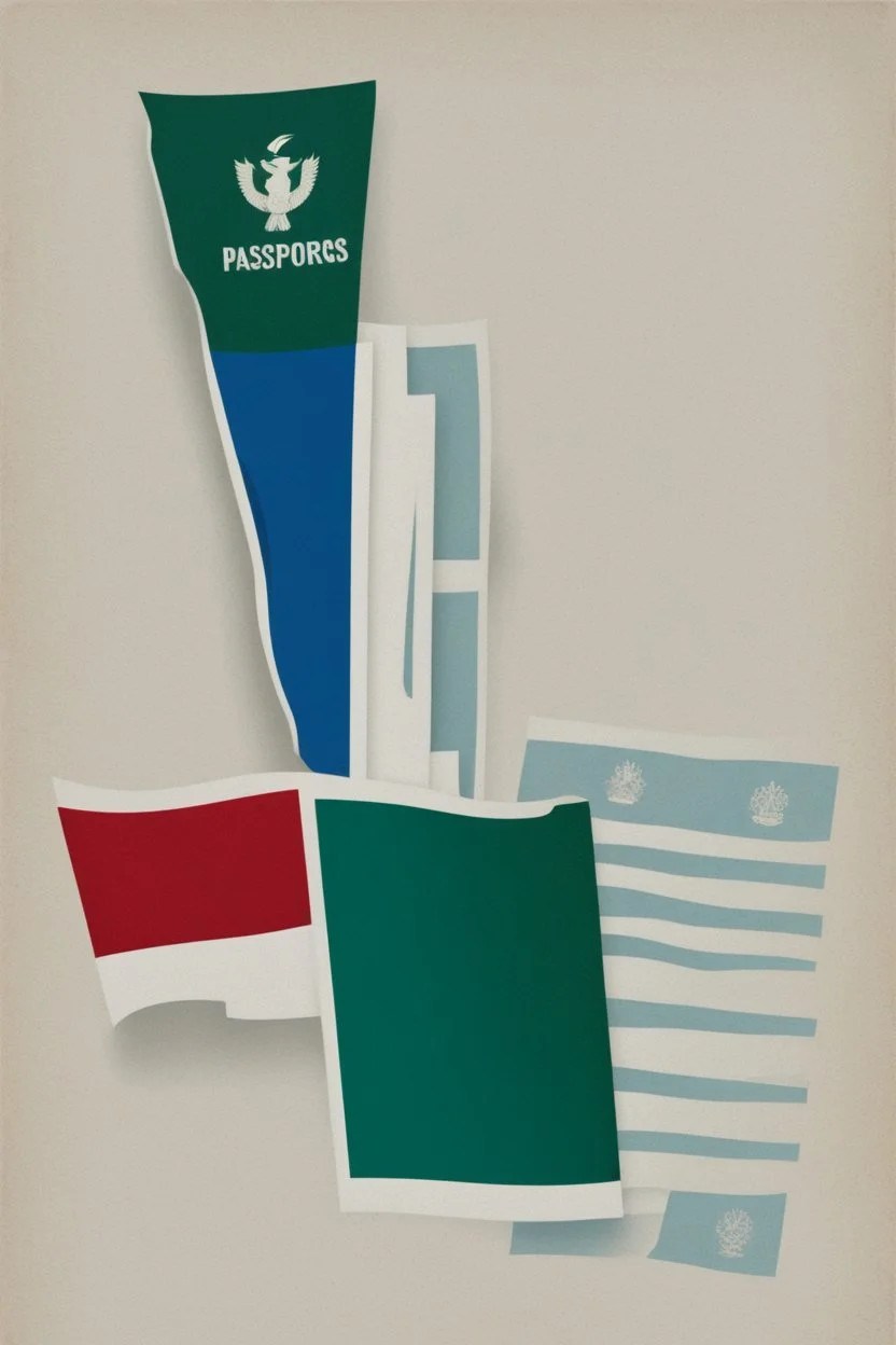 a flag, blue-green-white tricolor, three bars above each other; below that a stack of passports