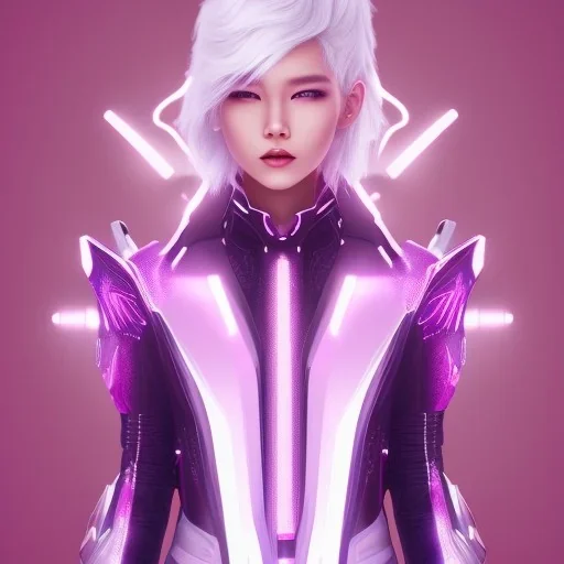 cute asian in futuristic suits, white hair color, pink and purple background, pink lighting, deep purple backlighting