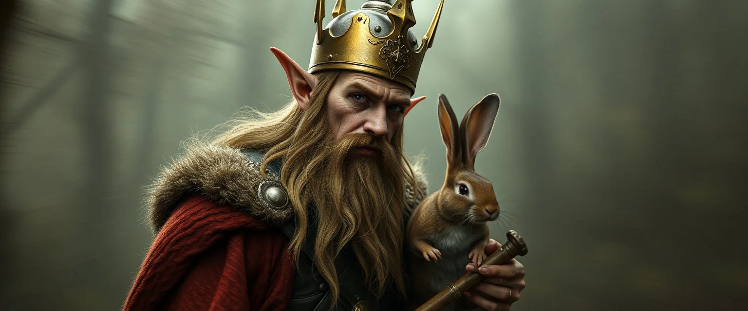 king elf Thor mouse rabbit in style of Rembrandt and Fallout 4, with motion blur