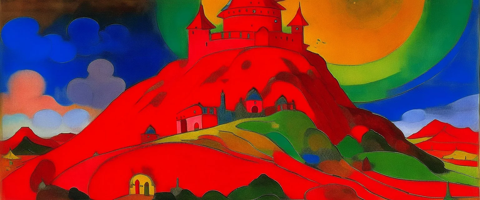 A red castle on top of a volcano painted by Wassily Kandinsky