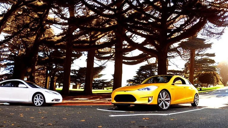A Tesla's 'Model S Plaid' is doing donuts, within the 'Golden Gate Park', in San Francisco. CINEMATIC. WIDE ANGLE LENS. PHOTO REAL.
