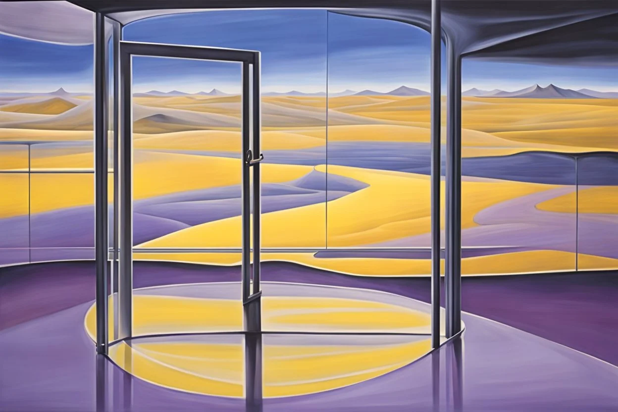 a surreal open glass gate in a glass wall with a view of a desolate landscape, storm, strong contrasts, by artist "Leonora Carrington",by artist "Zaha Hadid",These colors are bold, vibrant, and intense, including shades of colors such as purple, blue, and yellow.