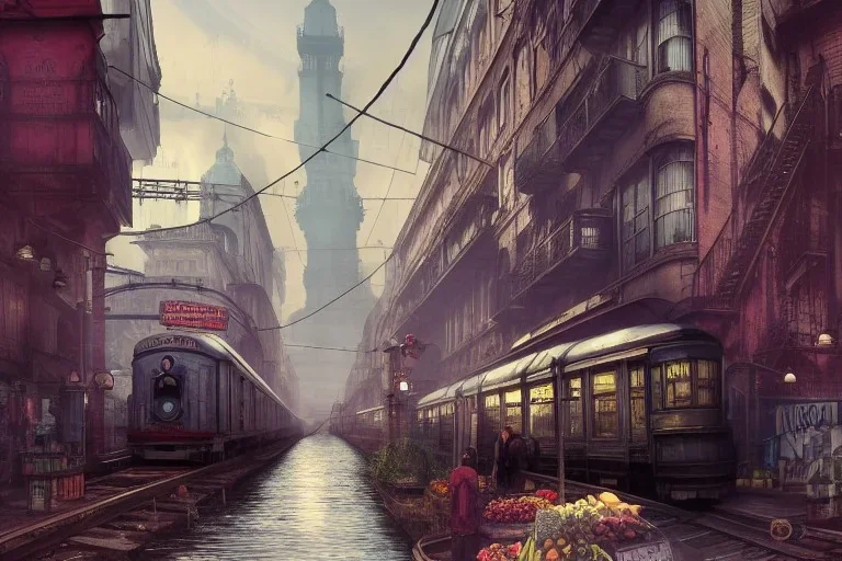 Corner Elevated Train run raid Train Canal River and corner shop greengrocer in colorful Italian street+Gothic city+BioShock+Dishonored+Bloodborne +trieste+Edinburgh+Chicago+victorian London+decòpunk Skyscraper+ +steampunk+biopunk+alphonse mucha, greg rutkowski,matte painting, cryengine, hyper detailed, felix kelly, fantasy art, seb mckinnon