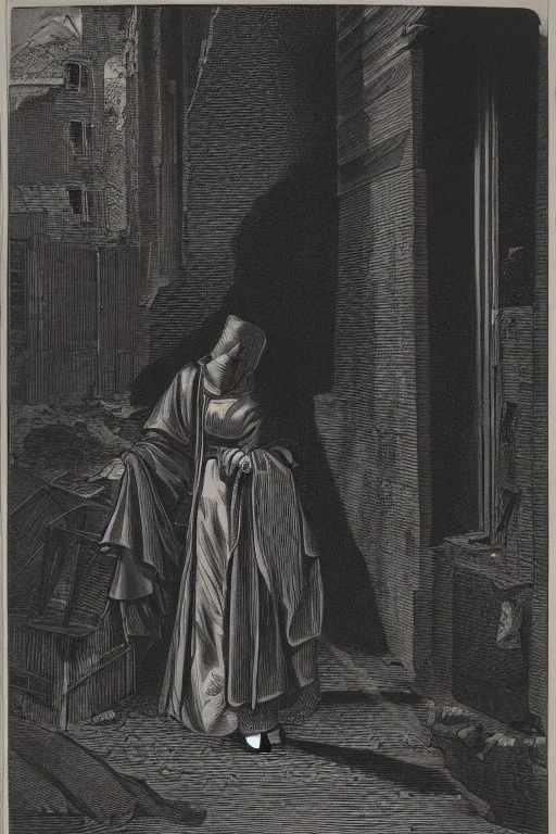 Line drawing, lady, kneeling in an alleyway, bruised face and arms, torn clothing, hands raised in front of face face for protection, partially shrouded in shadows