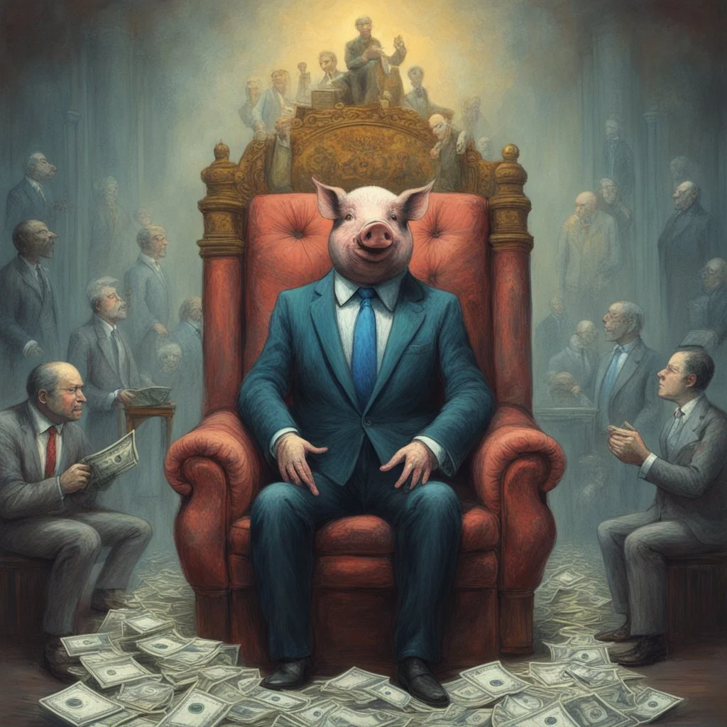 rich pig in suit on a throne making stacks of money by making a deal with a buisnessman. background of musicians. Payday payday. beksinski style. politicians