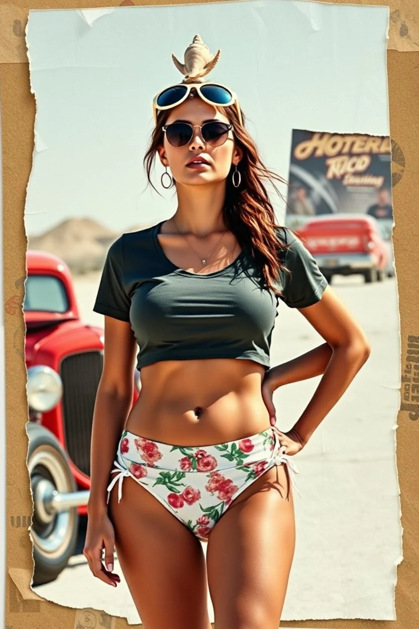 a woman full body, wearing tight t-shirt and bikini bottom with seashell sunglasses atop her head, background is montage of torn paper from hotrod magazines, of 1990's movie poster