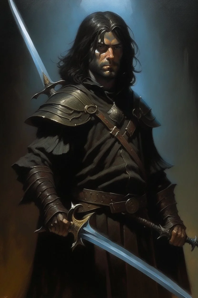 1970's dark fantasy cover dnd style oil painting of a sword hero with black outfit with minimalist far perspective. Magazine.