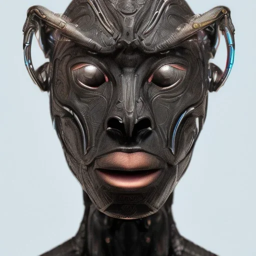 "Organic bionic African male cyborg, alien mask openings, filigree, iridescent metal, shiny, neon, LEDs, diffuse lighting, african print leather with fur black and white fantasy, intricate, elegant, highly detailed, lifelike, photorealistic, dramatic makeup, digital painting, illustration, concept art