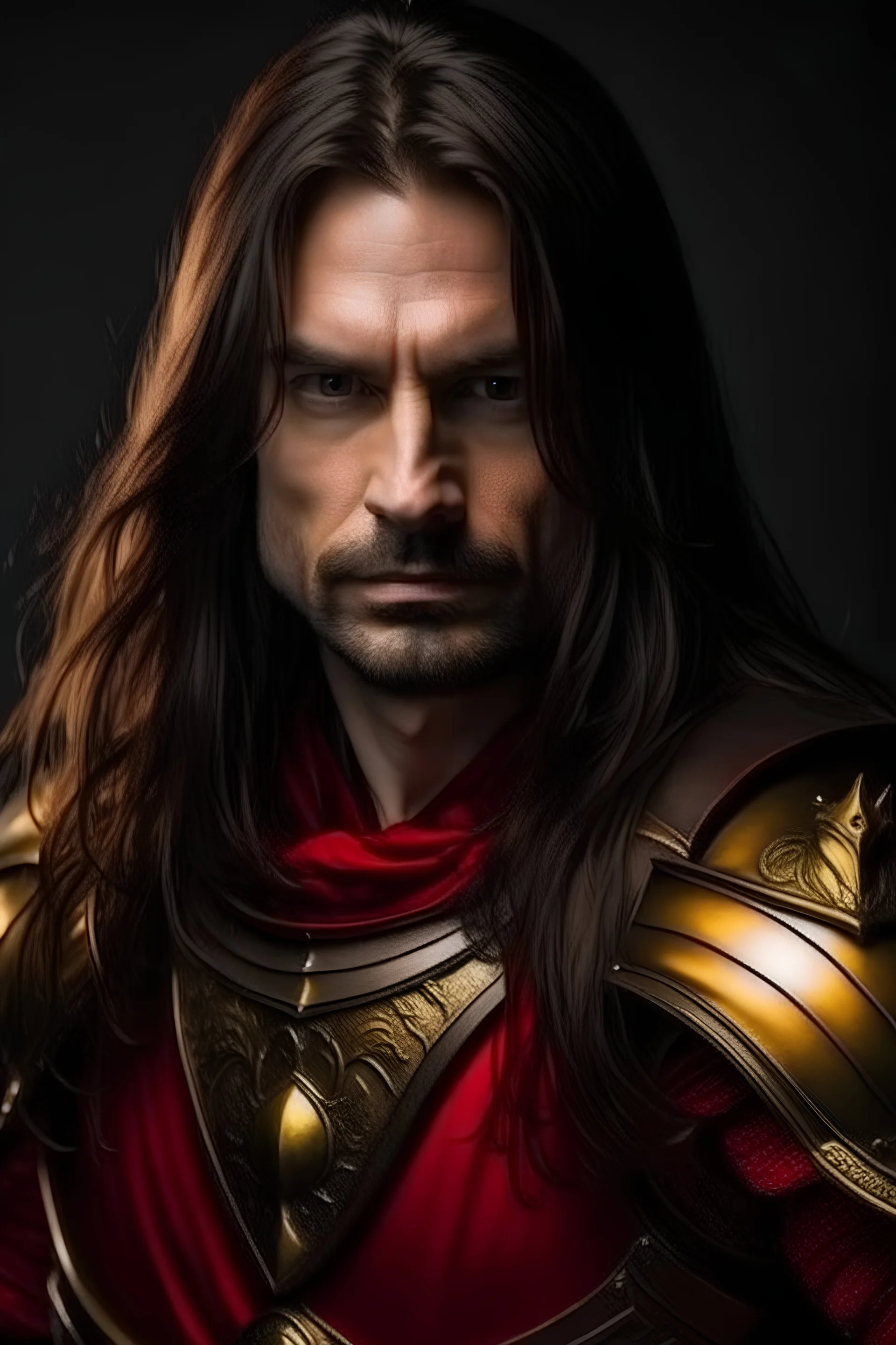 portrait of a handsome 35 year old warrior, dark long hair, powerful strong, in armor, red and yellow, dark eyes