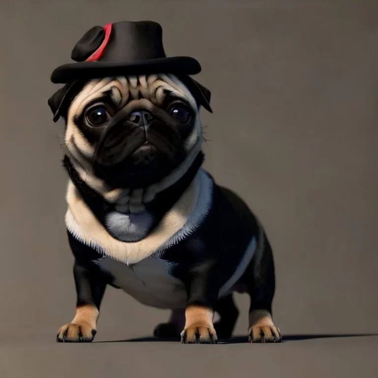 a single pug puppy wearing a black tophat