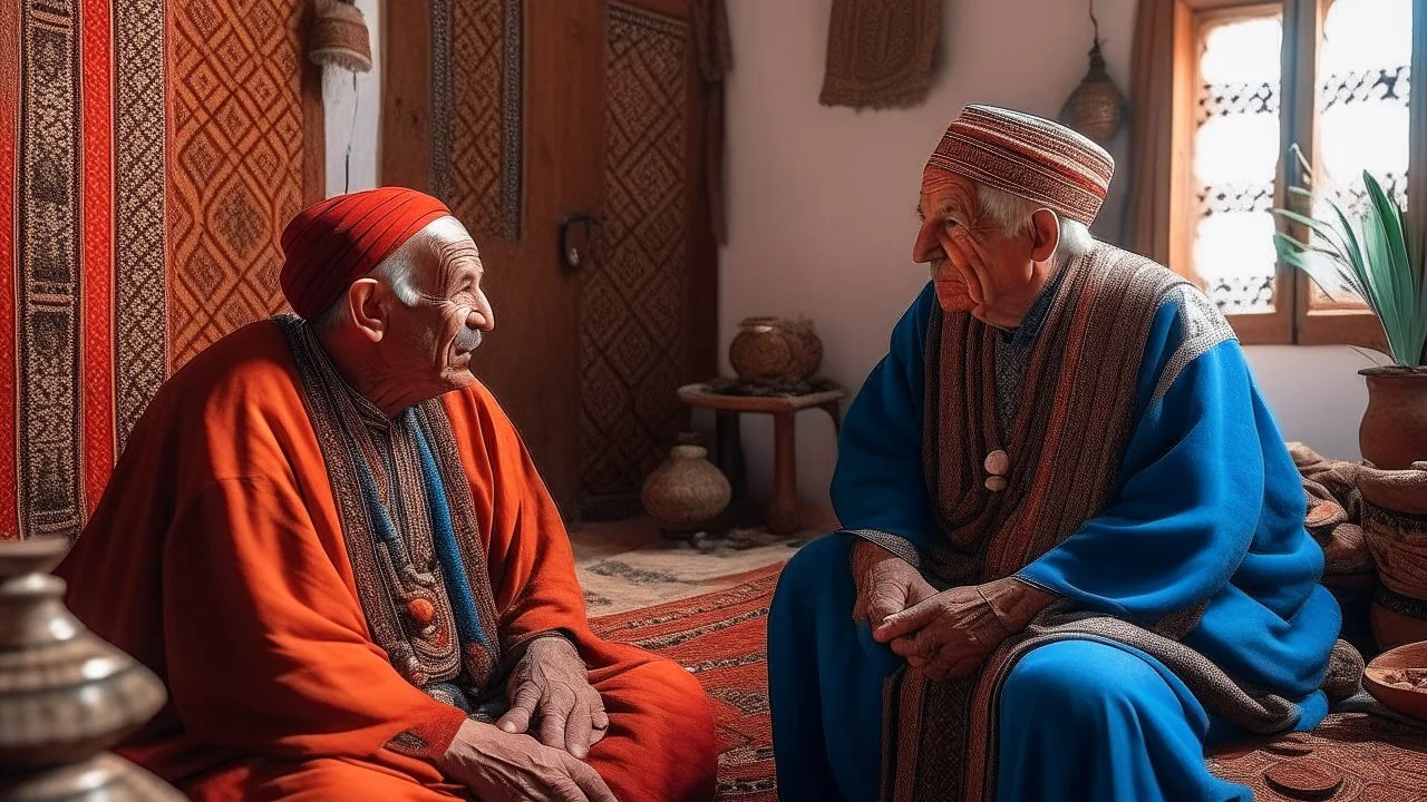 Two fifty-year-old people in traditional Moroccan clothing are discussing in the room of a Moroccan house