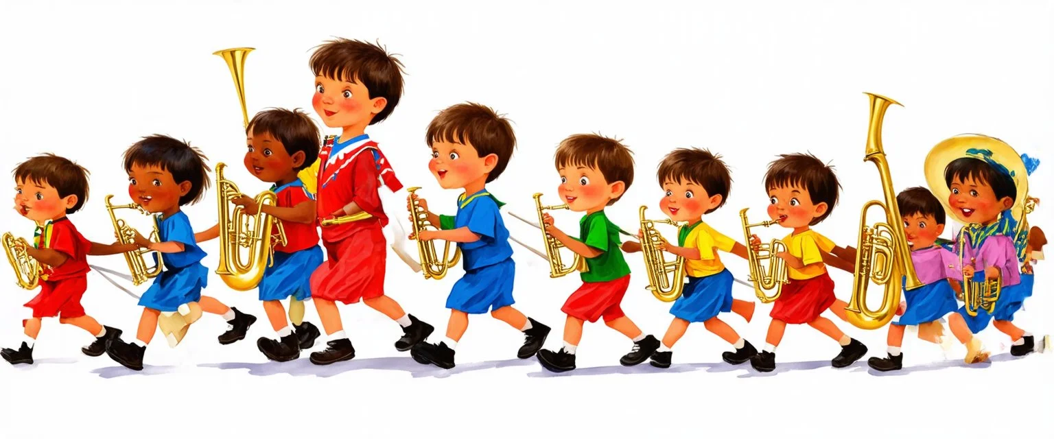 children joyfully marching in a band. Digital painting illustration