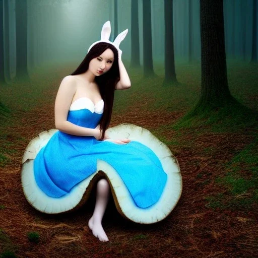 sourceress bunny girl, beautiful, cute, seated, in a giant mushroom forest, with mist, blue intricate dress, high definition, cinematic, rendering