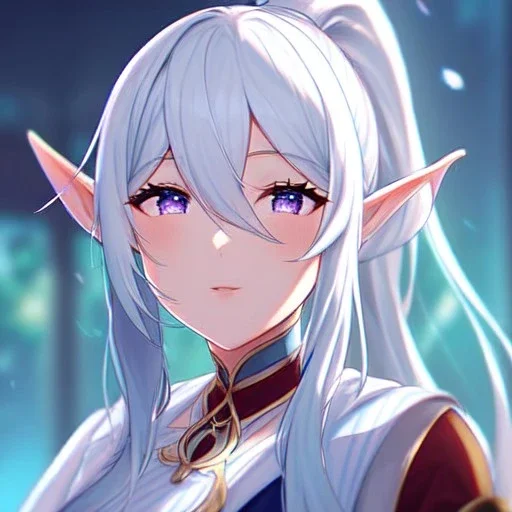 Clear focus, 8k, beautiful lighting, vibrant colors, Elf, White hair, ponytail, hair in between the eyes, up close,
