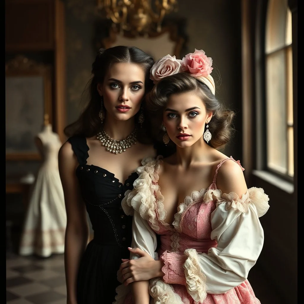 Female fashion models in historical hysteria.
