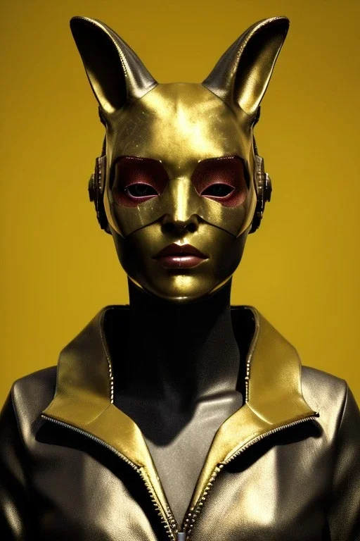 Medium Close Up Portrait, Front image. cyberpunk, rabbit mask, sweet woman, gold hair. Leather, feather suit army. Yellow, red, color. Carnival style. Color background, photo studio. Avatar image, highly detailed, concept art, smooth, unreal engine 5, ray tracing, RTX, lumen lighting, ultra detail, volumetric lighting, 3d, finely drawn, high definition, high resolution.