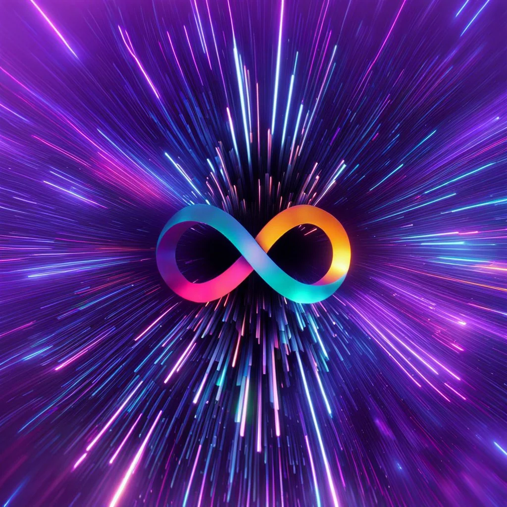 infinity symbol ∞ moving at warp speed, in space, striking, neon, chiaroscuro, dramatic, captivating, powerful, fantasy, beautiful, octane render, 16k post-production, artstation: award-winning: atmospheric: commanding: fantastical: clarity: ultra quality: striking: brilliance: stunning colors: amazing depth; lens: f/11, 35mm