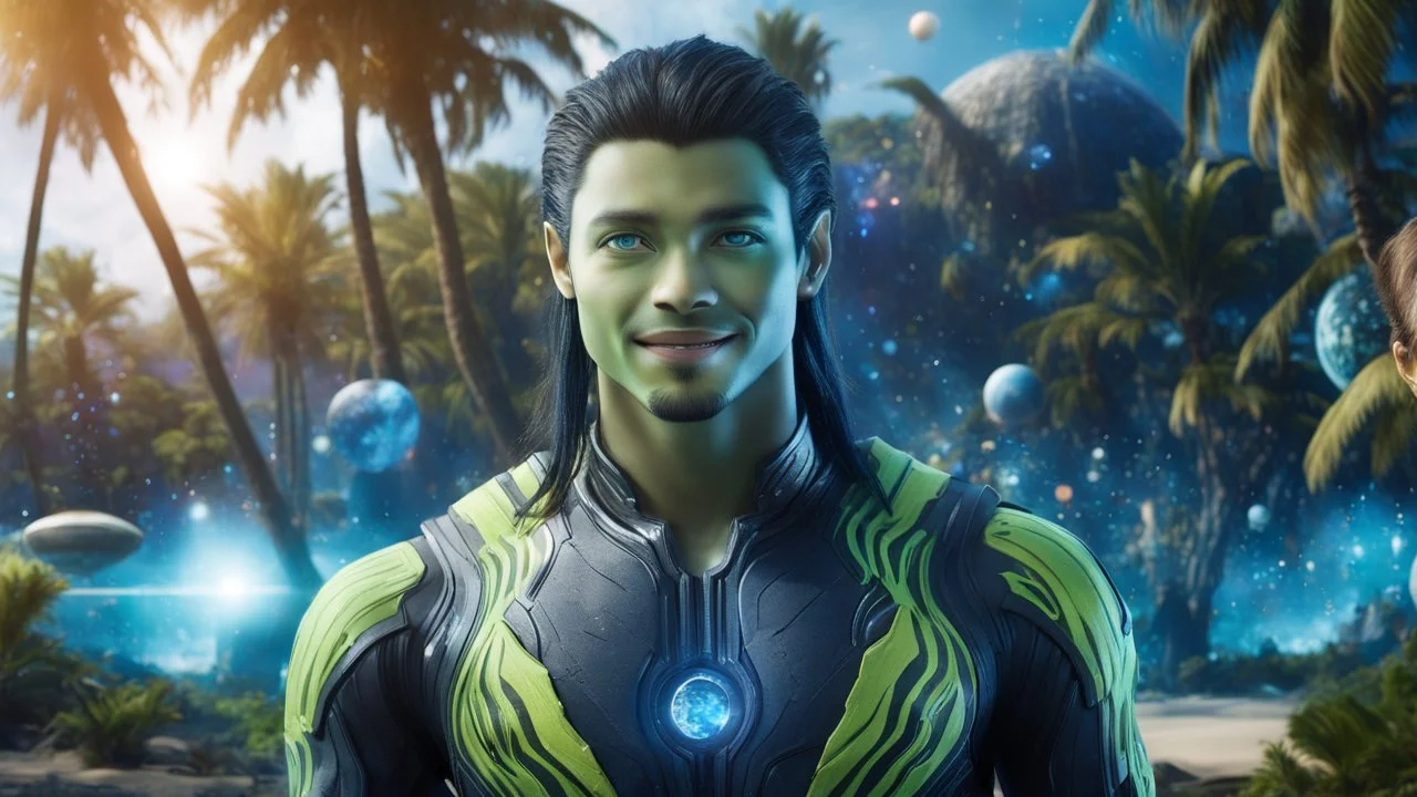 beautiful gorgeous young man na'vi with long hair, Avatar, blue skin, two small ears, green eyes, black hair, in cosmic suit, galactic ambiance, medium pointy goatee , smiling, with spaceship and planets and palm trees and clear crystaline cosmic beach in background