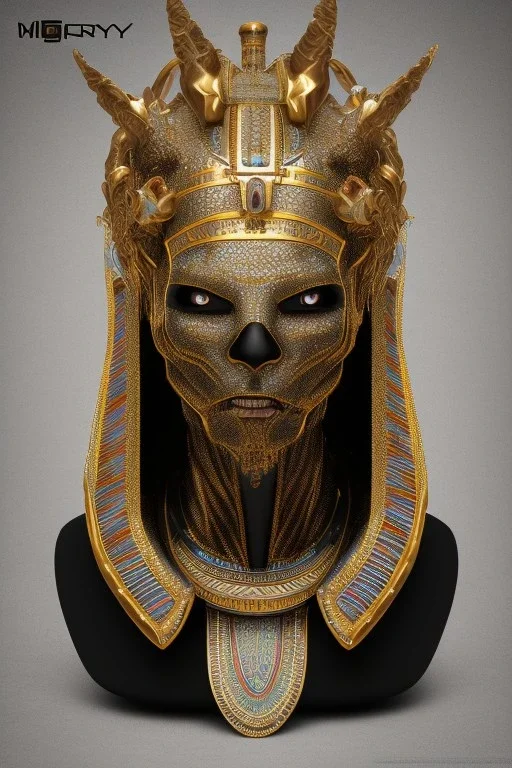 black male African Egyptian alien, cracks in the voodoo head, wicked, eyes, crown, blood, 8k, finely detailed, photo realistic, tiger turquoise skull head gold dragon space alien snow skeleton gold teeth silver crown silver space face mask