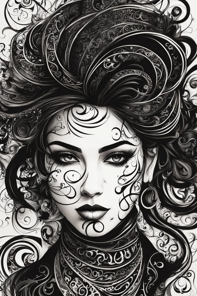 an abstract portrait of a goth punk girl from calligraphic letters, flourishes, and swirls , finely drawn and inked, in classic Arabic calligraphy, 4k, hyper detailed in