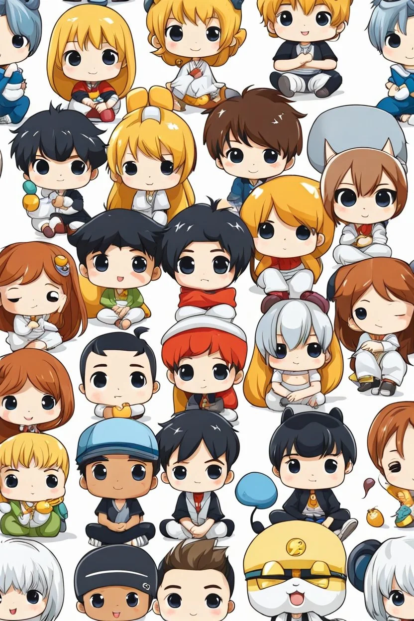 Adorable chibi anime caracters group sitting on White Background, cartoon mood