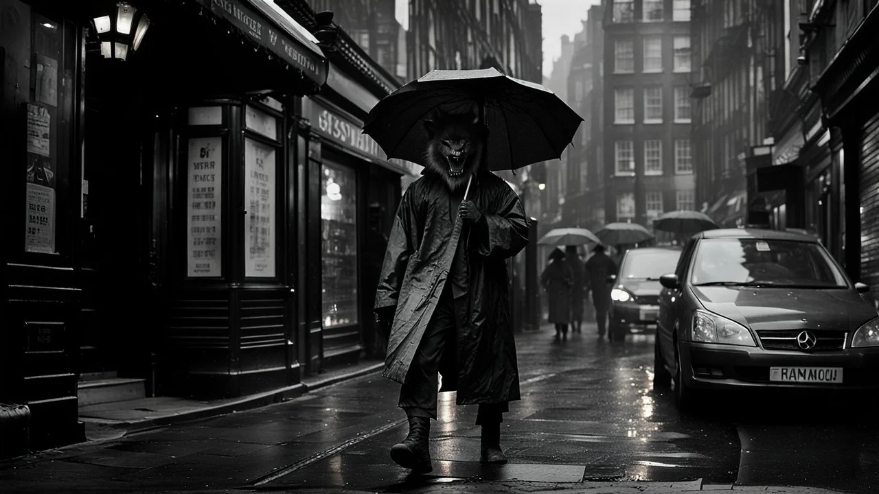 Werewolf with a Chinese menu in his hand, walking through the streets of Soho in the rain. Photograph.