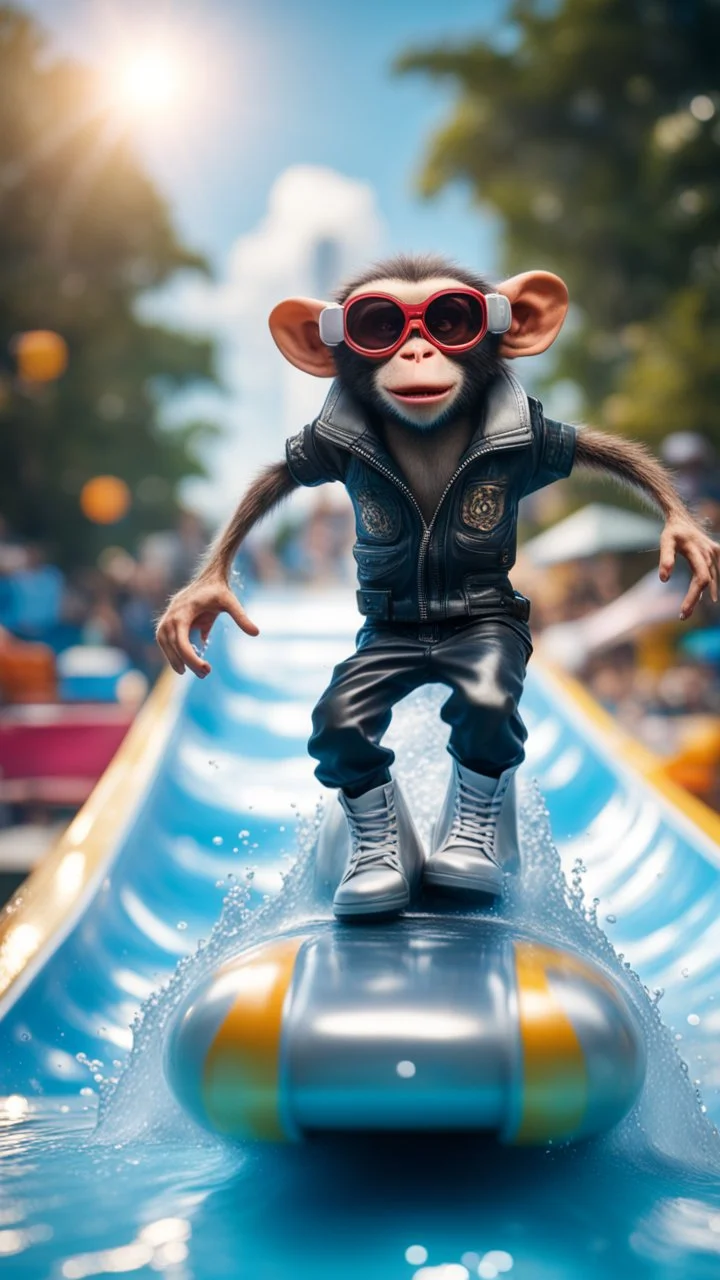 magazine cover, twisted rock star alien gremlin monkey rapper crew with silver boots as a pimp on rocket rushing down heavens water slide,bokeh like f/0.8, tilt-shift lens 8k, high detail, smooth render, down-light, unreal engine, prize winning