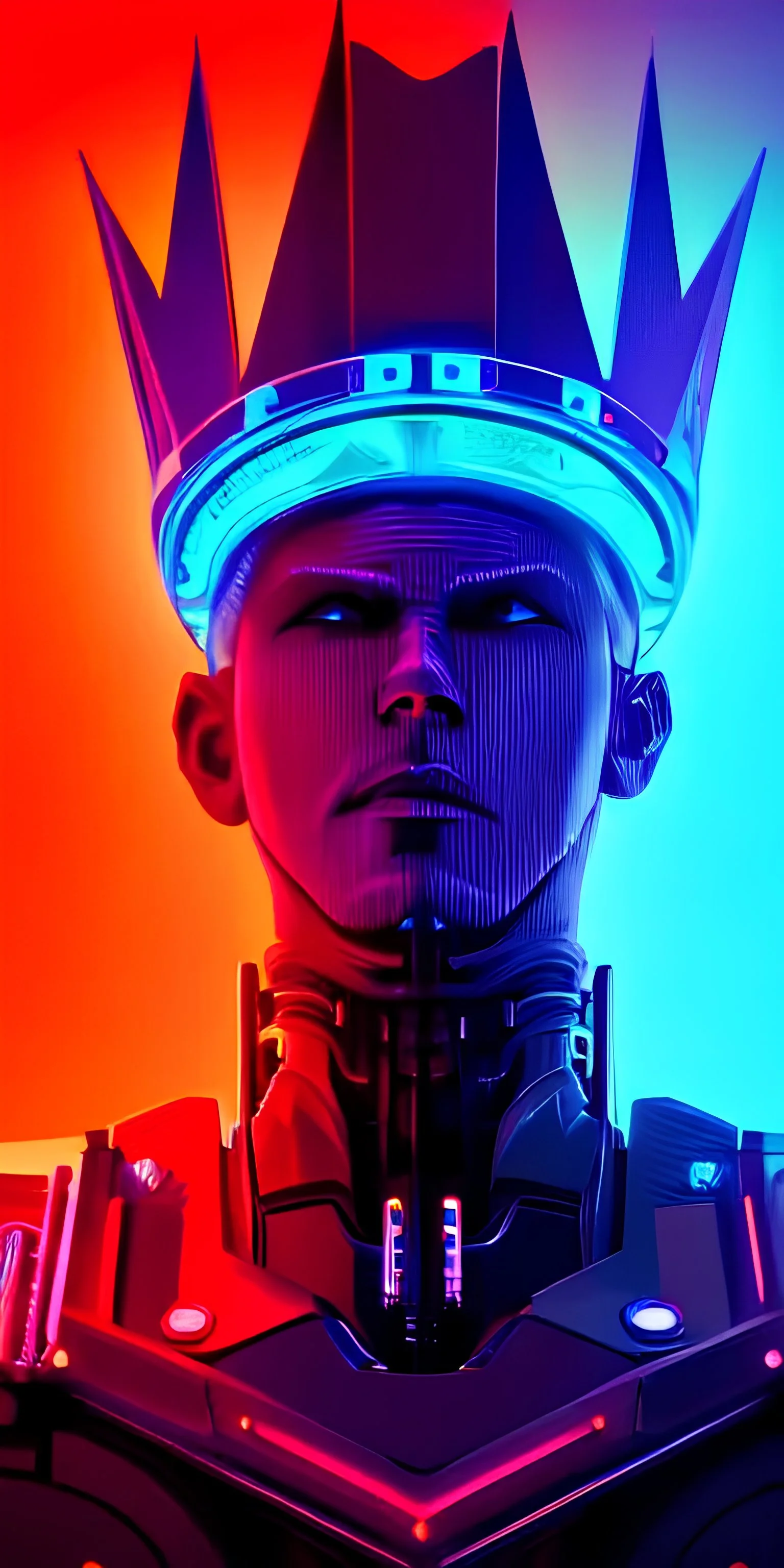 Symétrie!! Digital art portrait d'un roi cyborg guerrier avec sa couronne, science fiction, cyberpunk post apocalyptique future, sombre et coloré à la fois, contours fins néon bleu foncé, éclairage profond, décor extérieur neo tokio akira movie, angle de vue panoramique,hdr, 16k, octane effect, rendering 3d zoom x2, flou gaussien, cinema 4d