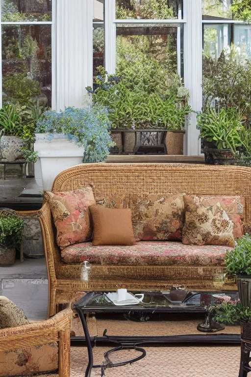 Night, twilight, a light brown wicker sofa with floral cushions, a glass-topped table in front of it, coffee steaming in a porcelain cup, and a down-turned open book next to it. Above the settee, flower bushes in planters, all on the terrace of a luxury house S<AI Nikon D850 highly detailed digital painting sharp focus elegant intricate photorealistic 4k very attractive beautiful dynamic lighting award winning fantastic view crisp quality Unreal Engine very cute cinematic postprocessing acrylic