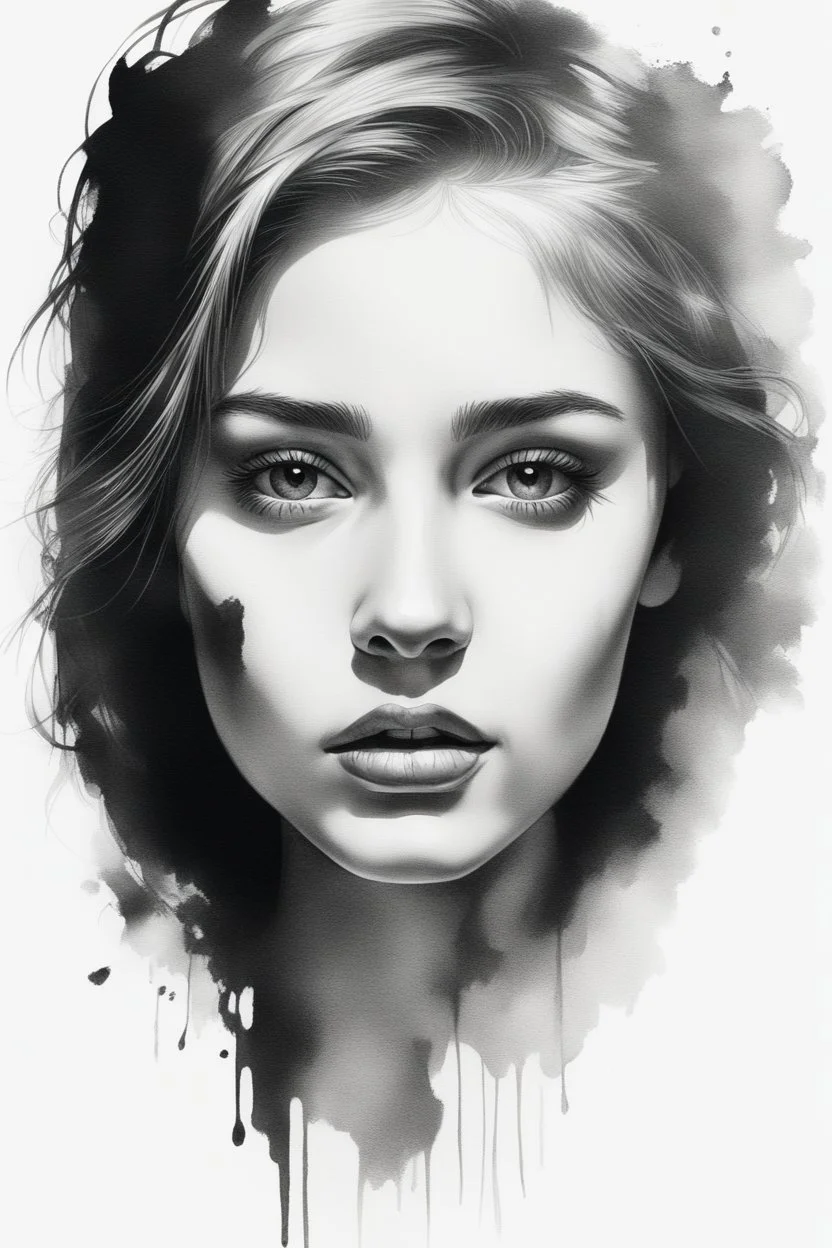 A realistic drawing in negative space black ink on white background of a beautiful girl with clear white face