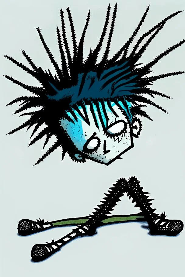 2d drawing of a stickman, cool with punk hair, x eyes like in hangman, laying flat on back, 3d realistic in colour