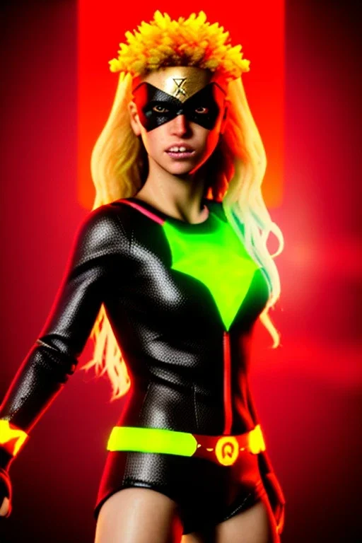 portrait, Shakira, blonde, angry, Realistic image, superhero, retro, watchmen style, gold make-up, blood, sweat, fog, goddess style, Neon colors, leds. Black background, photo studio, concept art, smooth, unreal engine 5, god lights, ray tracing, RTX, lumen lighting, ultra detail, volumetric lighting, 3d, finely drawn, high definition, 4k.