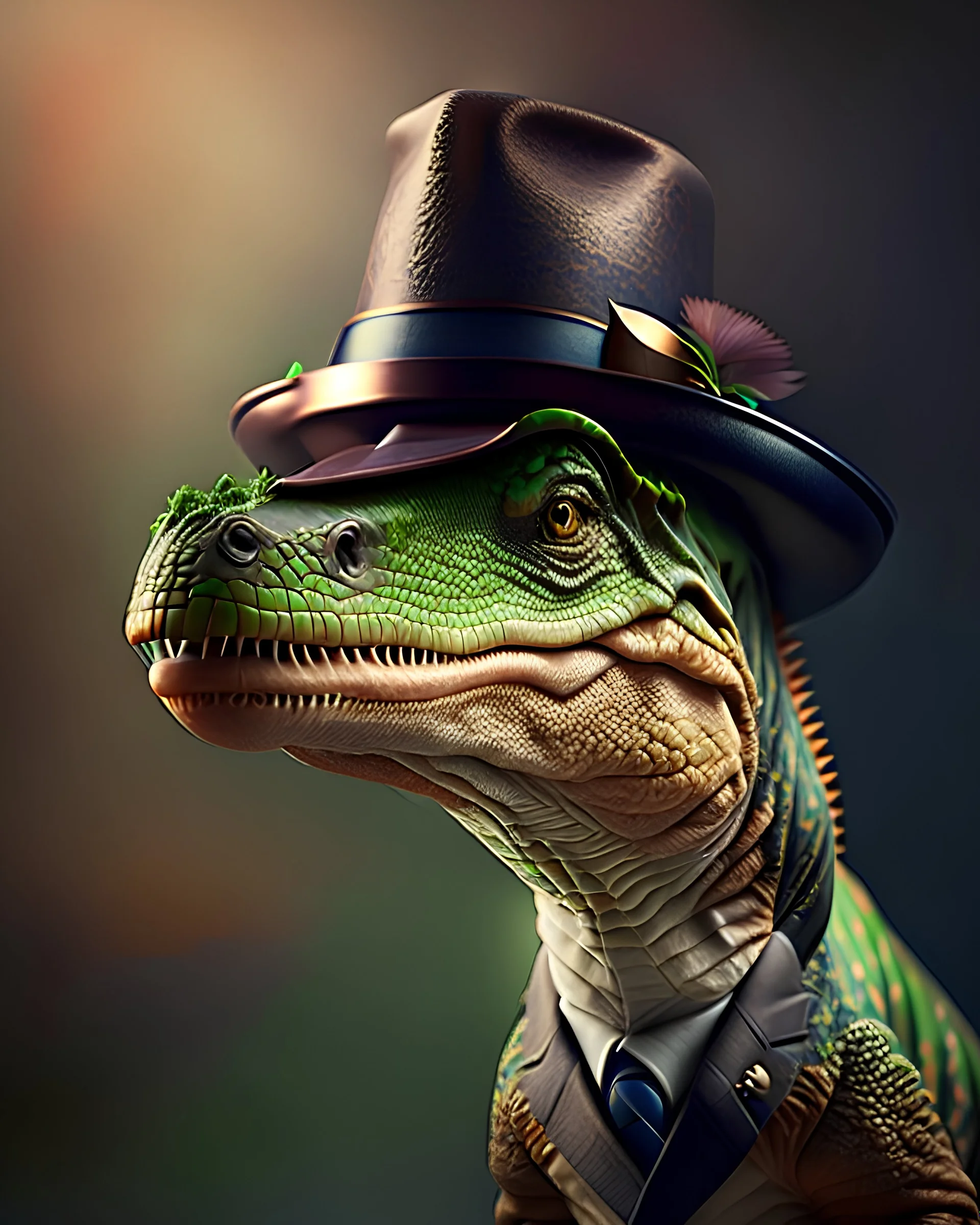 Dinosaur in elegant suit with hat, photo taken by nikon, photo taken by sony, photo taken by canon, photo taken by ARRI