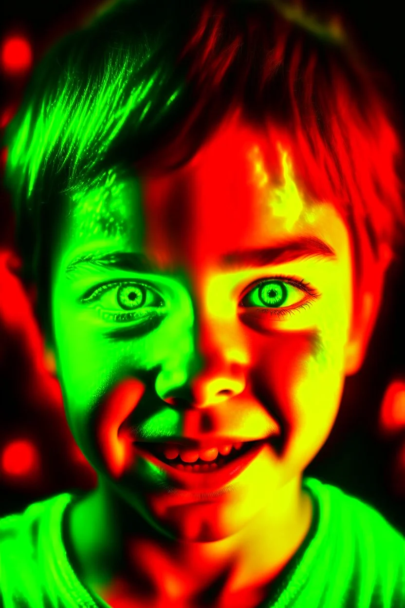 Face of an evil child with a demonic smile, white eyes, surrounded by flames, youthful green light, fire starter in the background