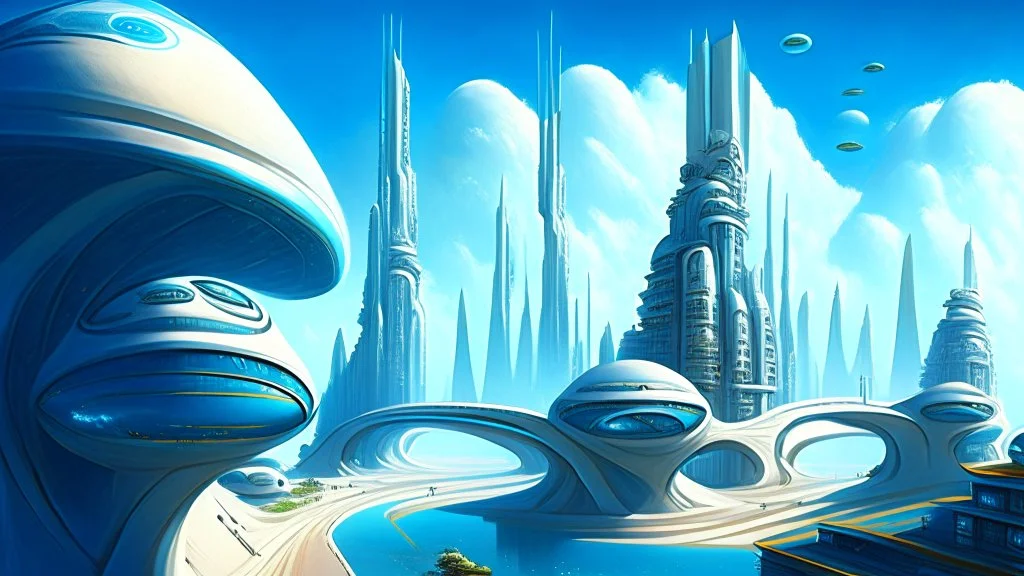 detailed alien cityscape, buildings with balconies, tracks, roads, paths, river, blue sky, white clouds