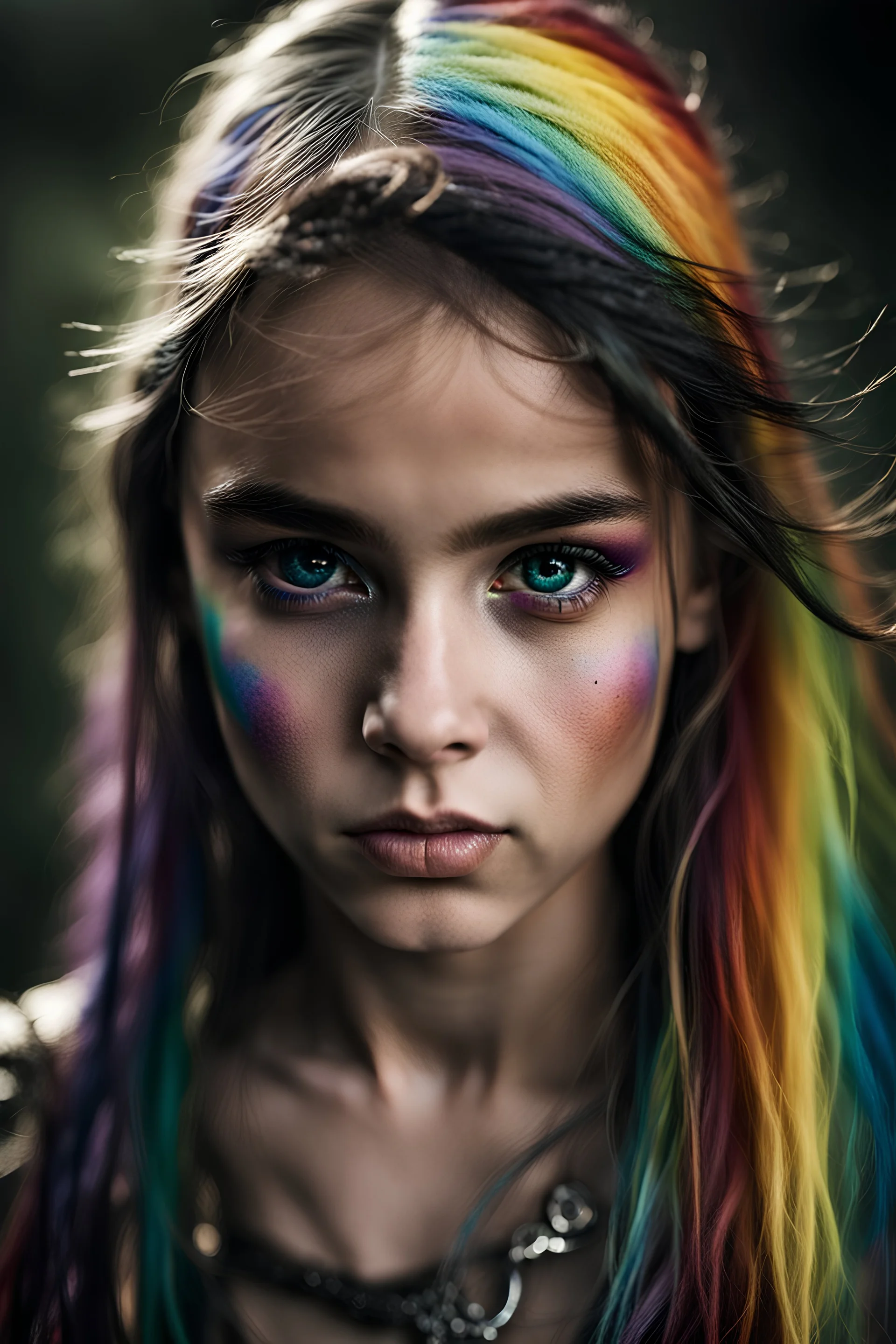 Photoreal gorgeous shot of beautiful young girl with multi-colored eyes, warrior, strong, sad, resilient, vivid vertical rainbow on left side forehead from hairline to eyebrow, long black tears below both eyes, full body, forgotten realms fantasy style by lee jeffries, otherworldly creature, in the style of fantasy movies, shot on Hasselblad h6d-400c, zeiss prime lens, bokeh like f/0.8, tilt-shift lens, 8k, high detail, smooth render, unreal engine 5, cinema 4d, HDR, dust effect, vivid color