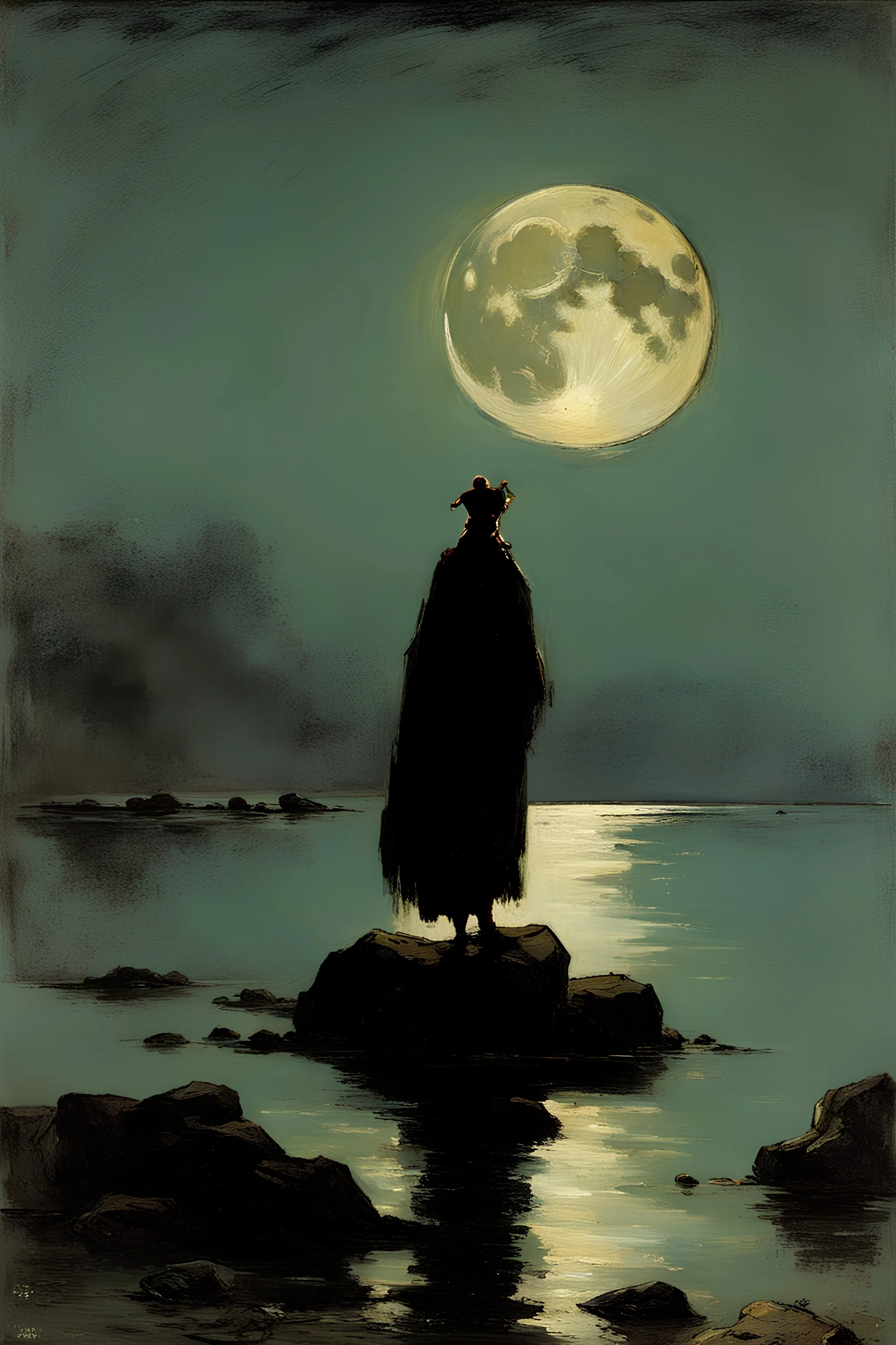 Night, rocks, moon, henry luyten and alfred stevens impressionism paintings