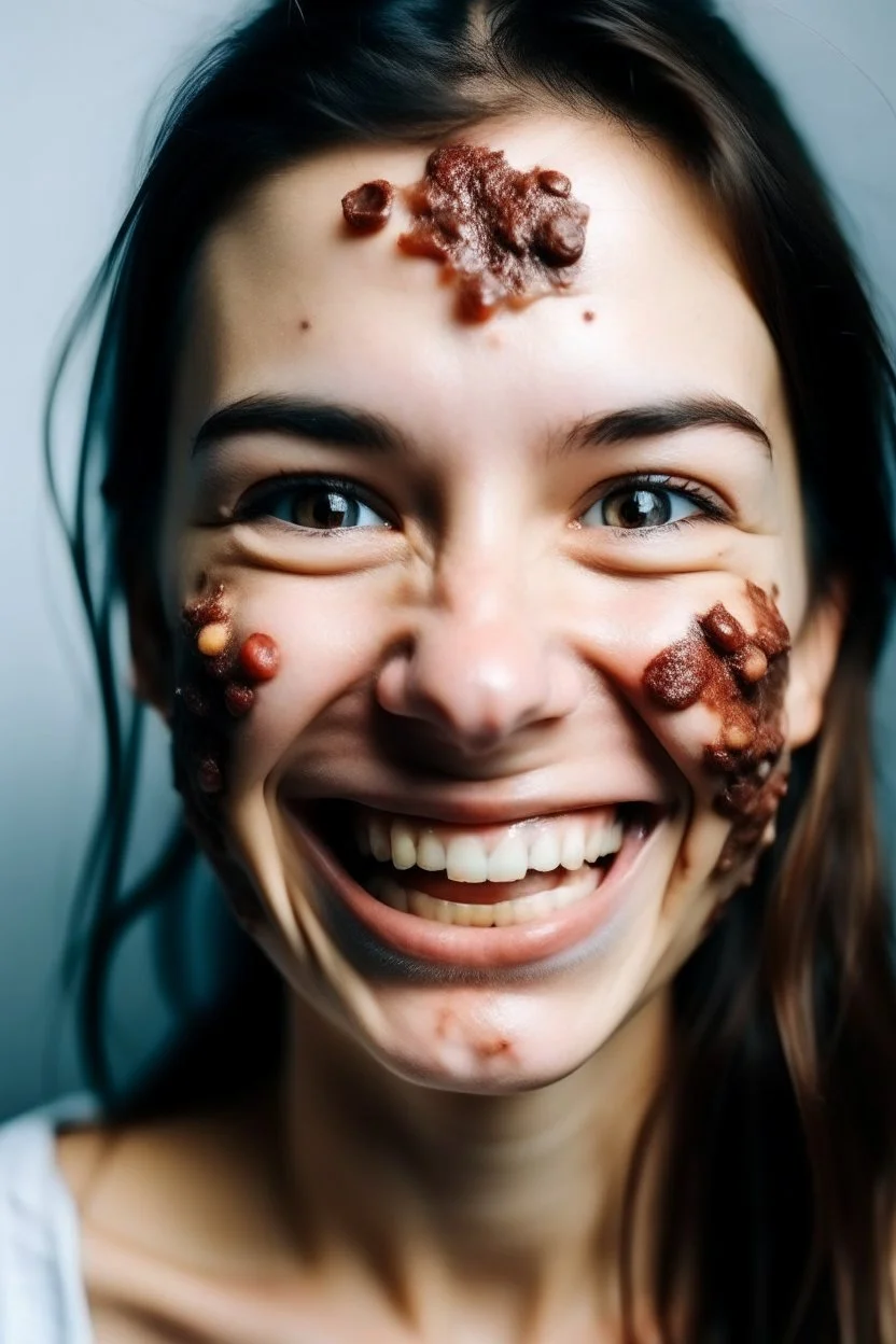 Mujer con muchos granos acné lentes 👓 y dientes rotos