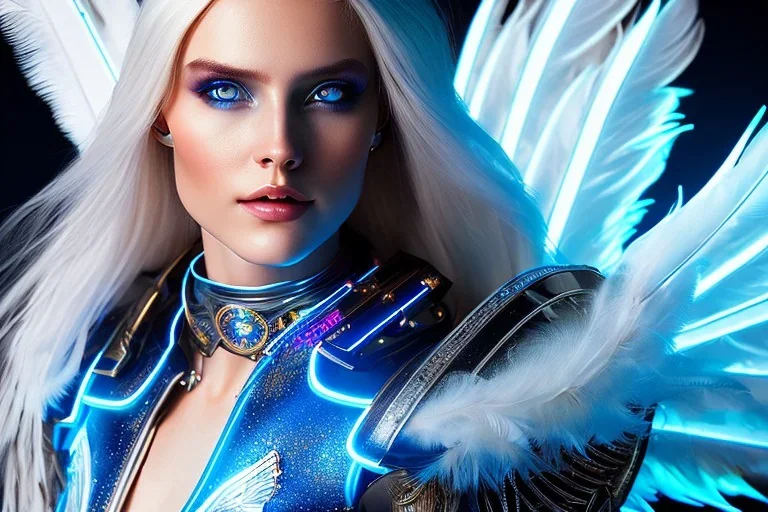 A beautiful portrait of a cute smiling cyberpunk woman with wings, long blond platinum hair, luminous blue eyes, high key lighting, volumetric light high details with blue and white stripes and feathers and white luminous celtic paterns, beam starry background