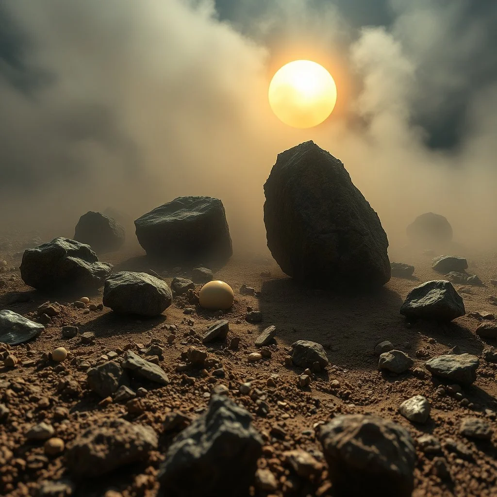 A striking quality close-up photograph captures a wasteland with odd stones, spooky, creepy, details of the dust very accentuated, glossy, organic, adorned with minerals and rocks, fog. Bathed in intense light, eerie, Max Ernst style, black sun, fog, volumetric light