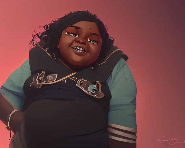 Portrait of a fat 9 year old cute black kid witch with busy dark curly hair by Nick Harris