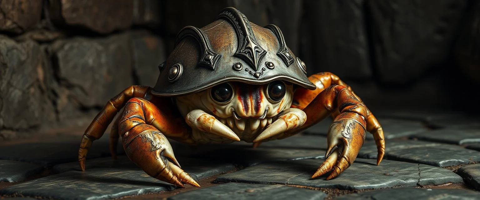 Small crab wearing a dented medieval helmet as a shell, dungeon floor, detailed fantasy realism, humorous creature design, high detail textures
