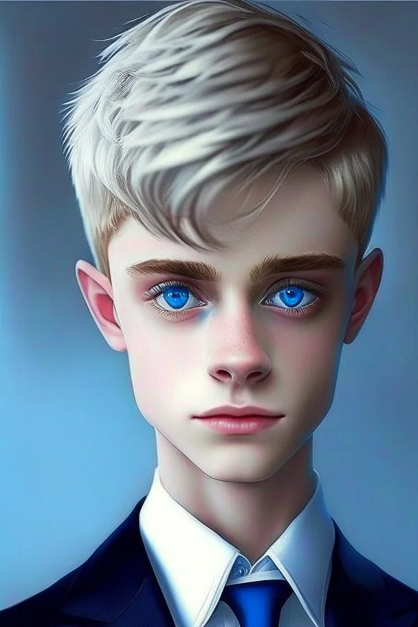 A cute Twink boy, haircut, blue eyes, suit