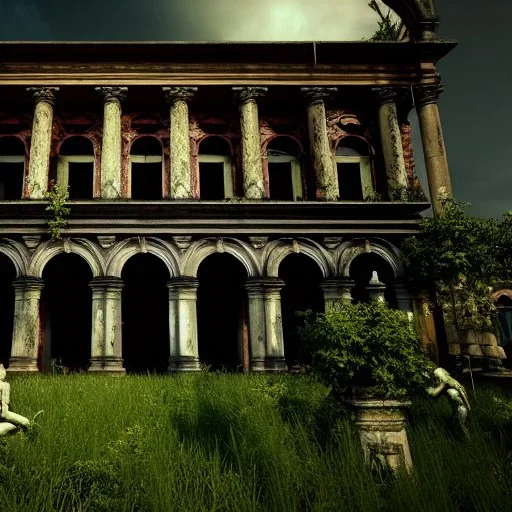 Abandoned baroque building, overgrown, statues, fallen roofs, highly detailed, unreal engine, cinematic lighting, octane render.